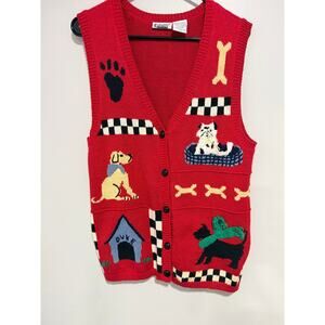 Vintage 90s Grandma Red Knit Sweater Vest Dog Embroidered Button Petite Medium
